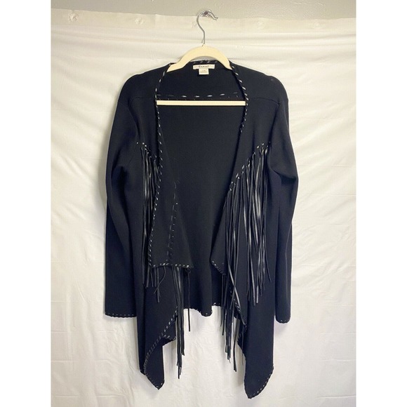 ARIAT Black Waterfall Open Front Faux Leather Fringe Trenton Cardigan SIZE LARGE - Picture 2 of 5
